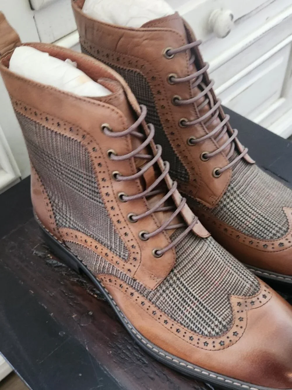 Vintage Foundry Co Men's Dress Ankle Boots Brown Leather Plaid Fabric 7.5M
